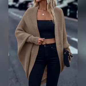 New Boho Chic Ribbed Knit Batwing Cardigan Sweater Khaki Tan Beige